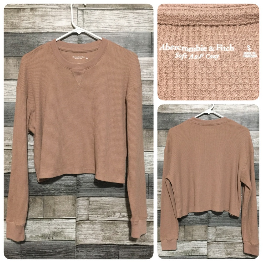 Abercrombie Cropped Waffle Knit Top Beige Long Sleeve Soft Cozy Size S